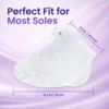 White shoe cover displayed on a purple background with dimensions labeled as 6.5 in / 16.5 cm by 12.2 in / 31 cm.