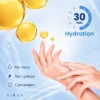 Hands applying a skincare product with golden oil droplets floating in the background, emphasizing hydration benefits in 30 minutes.