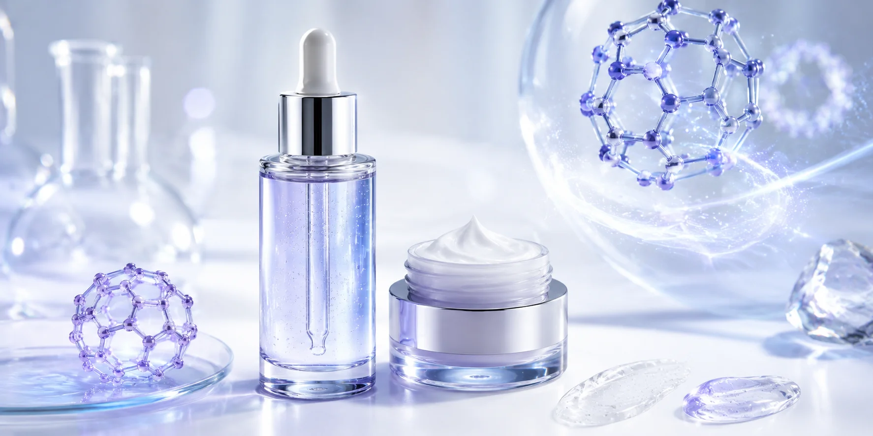 A skincare serum bottle and cream jar surrounded by molecular structures and glass elements in a scientific environment.