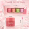 Xiran travel size lip mask mini kit featuring four scented lip masks in pink, orange, green, and purple jars, with a pink applicator.