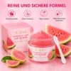 Watermelon and guava lip scrub in a jar with packaging and fresh watermelon and guava slices, highlighting pure and safe formula claims.