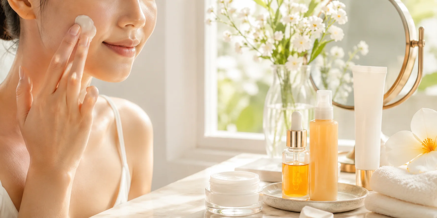 A woman gently applying skincare cream to her face, surrounded by skincare products and flowers on a vanity near natural light.