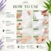 Step-by-step guide showing how to apply XIRAN hand and foot masks, including cutting, wearing, securing, and enjoying the masks for skincare.