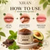 Step-by-step guide for using Xiran chocolate and mint lip scrub, showing wet lips, applying the scrub, and achieving soft, glowing lips.