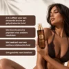 Woman in a bikini holding Xiran's Beach Glow tanning product with text highlights about hydrating and softening effects.