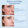 Side-by-side comparison showing noticeable improvement in skin; before: redness and dryness, after: balanced and radiant complexion.
