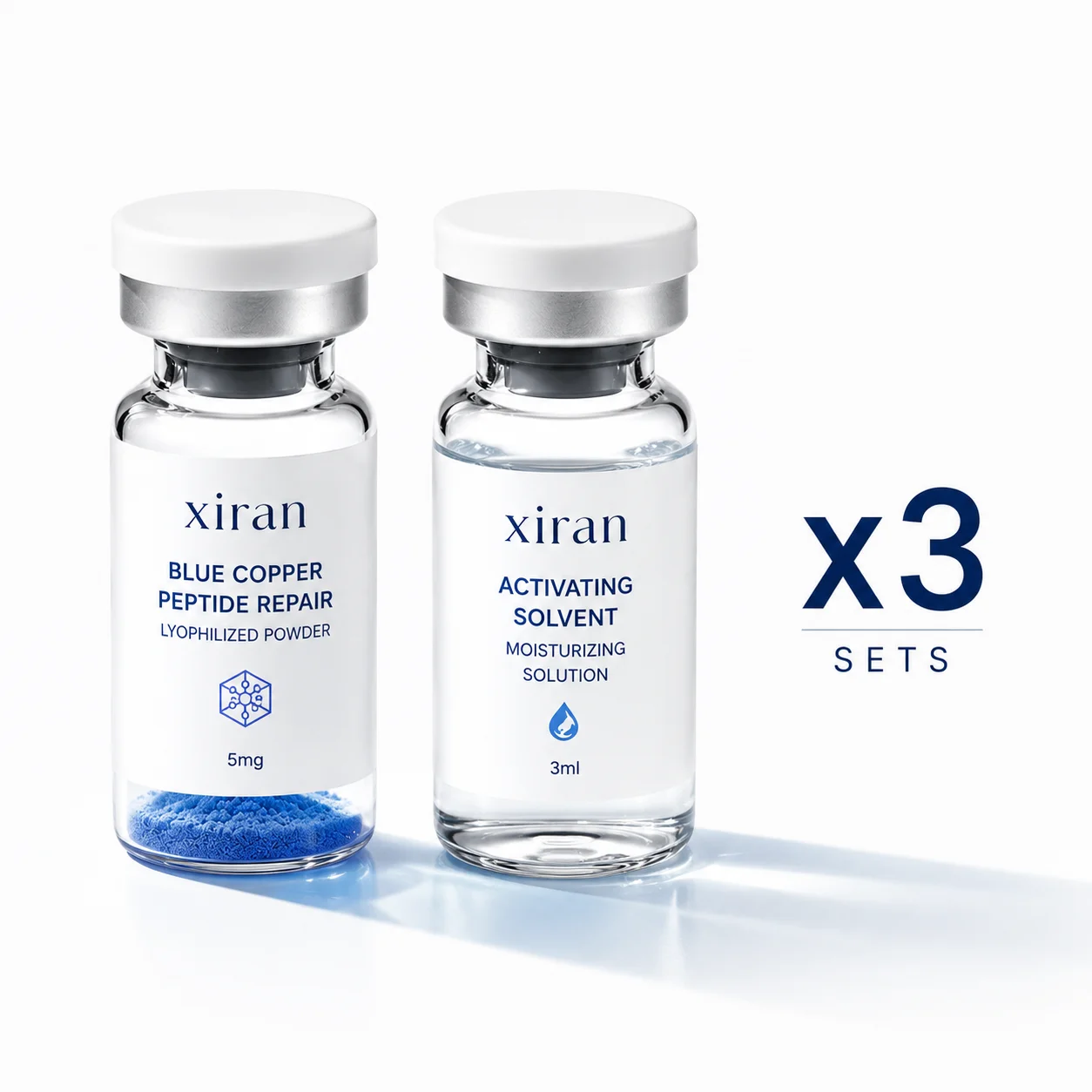 Deux flacons étiquetés « poudre lyophilisée réparatrice de peptide de cuivre bleu » et « solution hydratante de solvant activateur », avec la mention « x3 sets » à côté.
