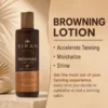 Bottle of Xiran browning lotion placed on a natural stone surface with shadows in the background. Text highlights benefits like accelerating tanning, moisturizing, and shine.