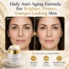 A promotional image showing before and after results of a daily anti-aging face cream for brighter, firmer, and younger-looking skin.