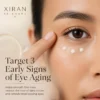 Close-up of a woman's face showing under-eye cream dots being applied to smooth wrinkles, reduce dark circles, and refresh the skin.
