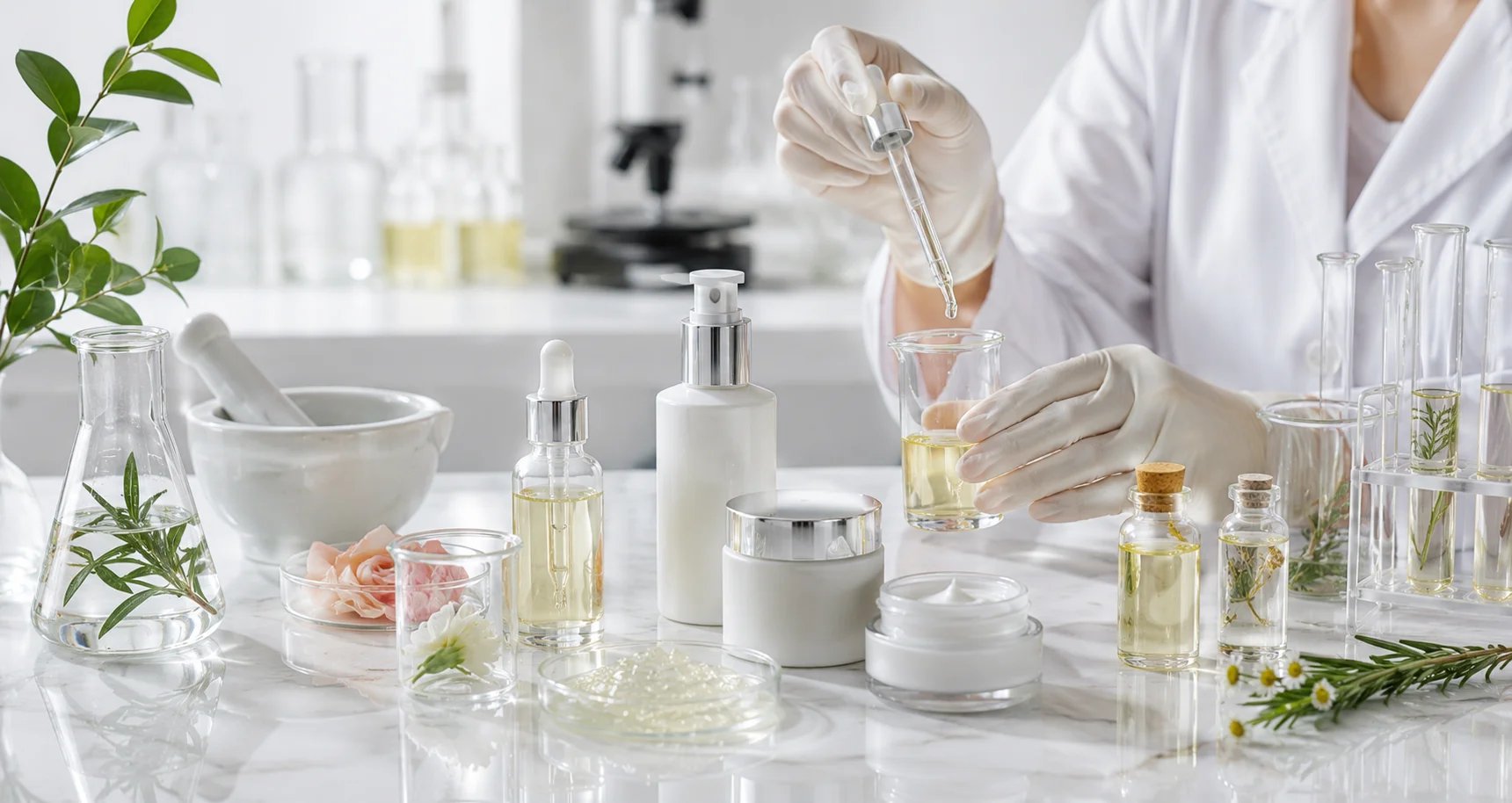 Wissenschaftler mit behandschuhten Händen mischt mit einer Pipette natürliche kosmetische Inhaltsstoffe in einer Laborumgebung, umgeben von Flaschen, Reagenzgläsern, Pflanzen und Cremetiegeln.