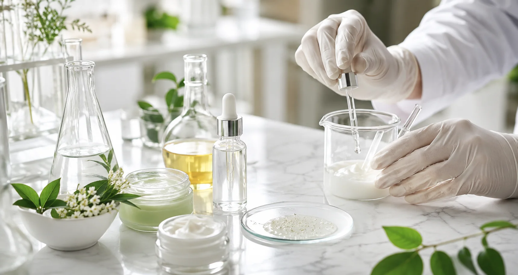 Hände in Handschuhen arbeiten an einem Labortisch mit natürlichen Hautpflegeprodukten, darunter Cremes, Seren und Pflanzenextrakte.