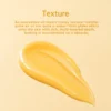 Golden oil-meets-honey texture swatch on light yellow background with descriptive skincare benefits text above.