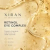 Promotional image for Xiran Skincare's Retinol Eye Complex highlighting its smoothing, brightening, and revitalizing benefits for the under-eye area, with a golden liquid background.