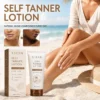 A self-tanner lotion product displayed on a beach with a woman applying it to her legs. Box and tube labeled as 'XIRAN Self Tanner Lotion' for face and body, medium to dark skin tones.
