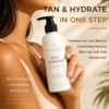 Close-up of a person holding a bottle of Xiran self-tanning body milk. The bottle promises hydration and a natural-looking tan.