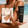 A woman holds a self-tanning lotion with a before-and-after comparison showing a natural suntanned look over six hours.
