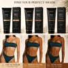 Three shades of self-tanning lotion displayed with models showing fair to medium, medium to dark, and extra dark results.