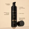 Black bottle of Xiran self-tanning mousse with product features labeled, emphasizing natural DHA, quick drying, and professional tanning.
