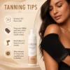 A woman applies XIRAN self-tanning mousse using an applicator mitt. Accompanying text lists step-by-step tanning tips for even application.