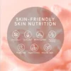 A circular design listing skin-friendly benefits including no aluminum, no alcohol, no baking soda, prebiotic-friendly, cruelty-free, vegan formula, and naturally clean on a soft pink background.