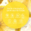 Yellow graphic with text highlighting skin-friendly skincare benefits, such as no aluminum, vegan formula, cruelty-free, and prebiotic-friendly.
