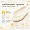 Visual breakdown of a skincare product showcasing its high-performance ingredients, including retinol, collagen, hyaluronic acid, vitamin C, and vitamin E, with benefits listed.