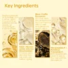 Graphic displaying key skincare ingredients including NAD+, black truffle exosomes, and peptides with descriptions of their benefits.