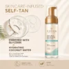 Xiran natural bronzing mousse bottle with text highlighting skincare benefits like glycerin, hydrating coconut water, cruelty-free, and vegan features.
