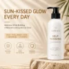 Xiran self-tanning body milk displayed on a textured stone surface with a beige background featuring text about its hydrating and glow-enhancing benefits.