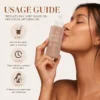 A woman holding a bottle of Xiran sunless tanning drops near her face with a usage guide showing steps to apply the product for a natural glow.