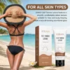 XIRAN Self Tanner Lotion with packaging and a woman in swimwear on a beach holding a sunhat, showcasing sun-kissed skin.