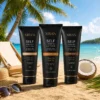 Three Xiran self-tanning lotion bottles for different skin tones displayed on a sandy beach with a coconut, sunglasses, and beach chair.