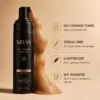 XIRAN self-tanning mousse bottle with bronze foam, featuring benefits like no orange tones, streak-free application, lightweight formula, and no transfer.