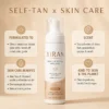 Xiran self-tanning mousse bottle promoting skincare benefits and tropical scent on a neutral background.