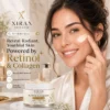 Woman applying Xiran skincare retinol and collagen face cream with a smile, showcasing the product benefits like boosting skin renewal and hydration.