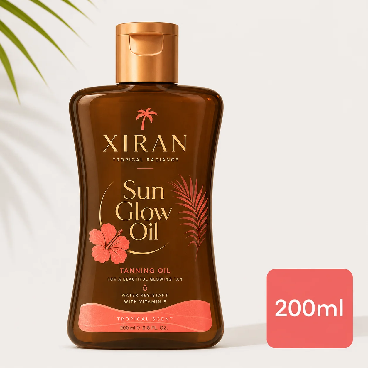 Xiran Sun Glow Oil bottle featuring tropical scent, 200ml size, with water-resistant formula and Vitamin E for glowing tan.