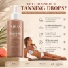 Bottle of Xiran sunless tanning drops accompanied by a woman in a white bikini, showcasing product benefits such as pH-balanced formula, SPF compatibility, and vegan-friendly ingredients.