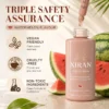 Xiran tanning drops bottle with watermelon flavor, emphasizing vegan, cruelty-free, and non-toxic ingredients, surrounded by sliced watermelon.