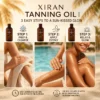 Visual guide for using Xiran tanning oil in three steps: prep, apply evenly, and relax for a sun-kissed glow, with product illustrations.