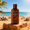 Xiran tanning oil bottle with carrot extract displayed on a rock at a sunny beach with umbrellas and people in the background.