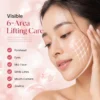 A person touching their smooth cheek with glowing skin and overlay graphics showing six facial focus areas for lifting care.