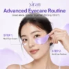 Woman demonstrating advanced eyecare routine using Xiran No.9 Eye Cream and No.9 Eye Patches with a soft purple aesthetic.