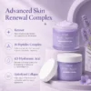 Moisturizing cream jars labeled 'Advanced Skin Renewal Complex' with features such as retinol, 16 peptides complex, 4D hyaluronic acid, and hydrolyzed collagen; styled with lavender accents.