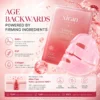 Promotional image showcasing a pink hydrogel anti-aging mask by Xiran Skincare with details about NAD+, EGF, and collagen's benefits for firmer and youthful skin.