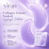Purple-themed promotional image of Xiran Skincare's collagen essence-soaked hydrogel eye patches highlighting features like 300 Da collagen, long-lasting hydration, and overnight use benefits.