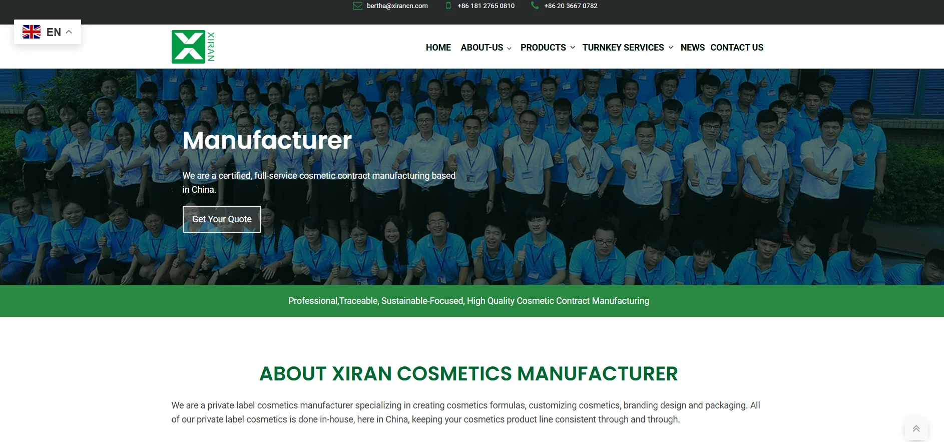 Group photo of employees from a certified cosmetic contract manufacturer wearing blue uniforms and smiling, with text about their services.