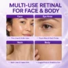 Collage promoting multi-use retinal benefits for face, eye area, neck, and body with highlighted skincare concerns like fine lines, dark circles, and clogged pores.