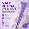 NAD+ retinal eye cream tube with anti-aging benefits such as gentle retinal, 50 peptides, niacinamide, and ceramide, shown with a dermatologically tested label.