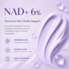 NAD+ 6% advanced skin vitality cream promotion with lavender cream texture, benefits like refreshed look, radiant glow, and dewy hydration.